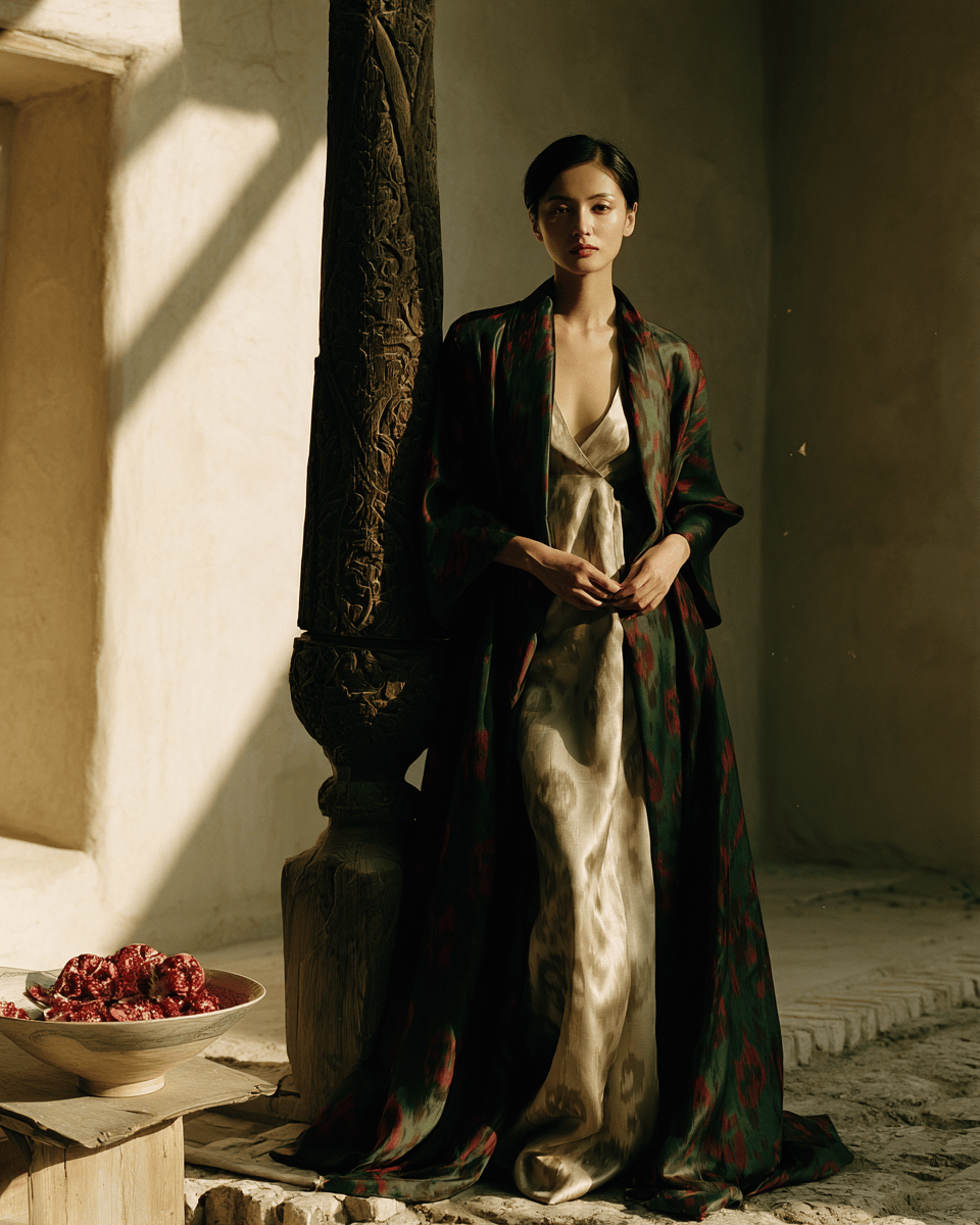 Atlas silk robe over ivory slip